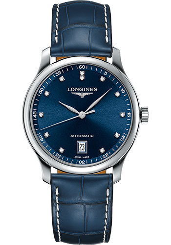 Longines Master Collection Watch - 38.5 mm Steel Case - Blue Diamond Dial - Blue Alligator Strap