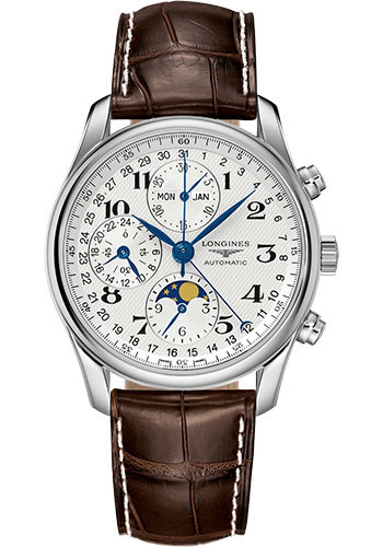 Longines Master Collection Moon Phase Chronograph Small Seconds Watch - 40 mm Steel Case - Silver Barleycorn Arabic Dial - Brown Alligator Strap