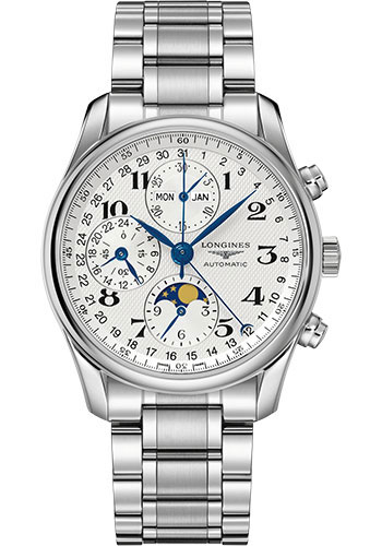 Longines Master Collection Moon Phase Chronograph Small Seconds Watch - 40 mm Steel Case - Silver Barleycorn Arabic Dial - Bracelet