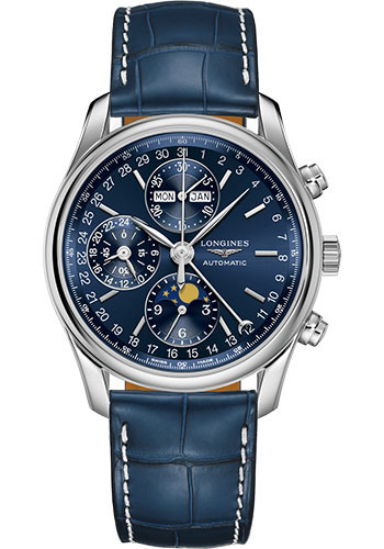 Longines Master Collection Moon Phase Chronograph Small Seconds Watch - 40 mm Steel Case - Blue Dial - Blue Alligator Strap