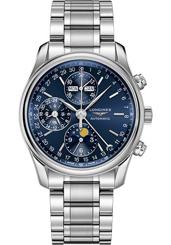 Longines Master Collection Moon Phase Chronograph Small Seconds Watch - 40 mm Steel Case - Blue Dial - Bracelet