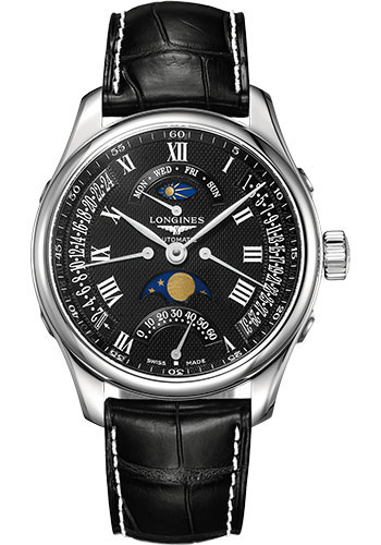 Longines Master Collection Retrograde Annual Calendar Watch - 44 mm Steel Case - Black Barleycorn Roman Dial - Black Alligator Strap