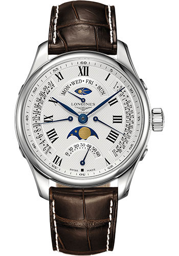 Longines Master Collection Retrograde Annual Calendar Watch - 44 mm Steel Case - Silver Barleycorn Roman Dial - Brown Alligator Strap