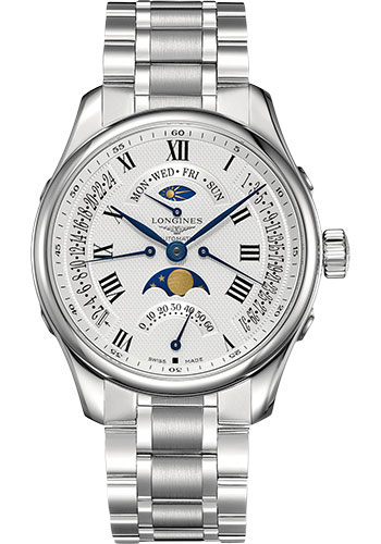 Longines Master Collection Retrograde Annual Calendar Watch - 44 mm Steel Case - Silver Barleycorn Roman Dial - Bracelet