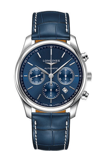 Longines Master Collection Chronograph Small Seconds Watch - 42 mm Steel Case - Blue Dial - Blue Alligator Strap