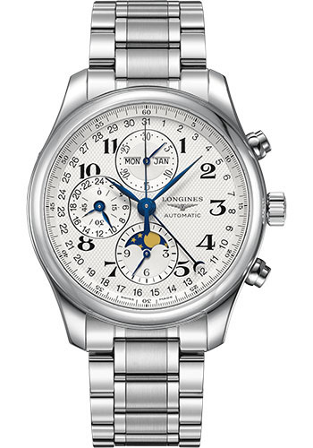Longines Master Collection Moon Phase Chronograph Small Seconds Watch - 42 mm Steel Case - Silver Barleycorn Arabic Dial - Bracelet