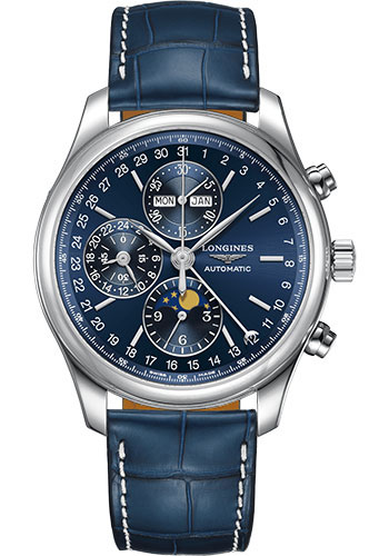 Longines Master Collection Moon Phase Chronograph Small Seconds Watch - 42 mm Steel Case - Blue Dial - Blue Alligator Strap