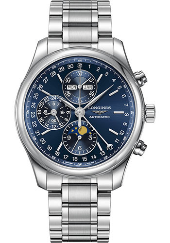 Longines Master Collection Moon Phase Chronograph Small Seconds Watch - 42 mm Steel Case - Blue Dial - Bracelet