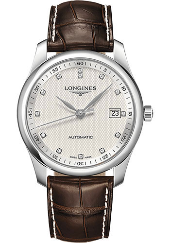 Longines Master Collection Watch - 40 mm Steel Case - Silver Barleycorn Diamond Dial - Brown Alligator Strap