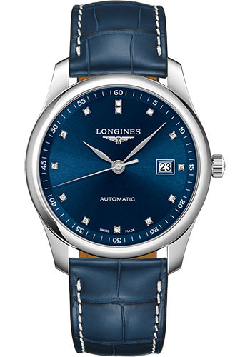 Longines Master Collection Watch - 40 mm Steel Case - Blue Diamond Dial - Blue Alligator Strap