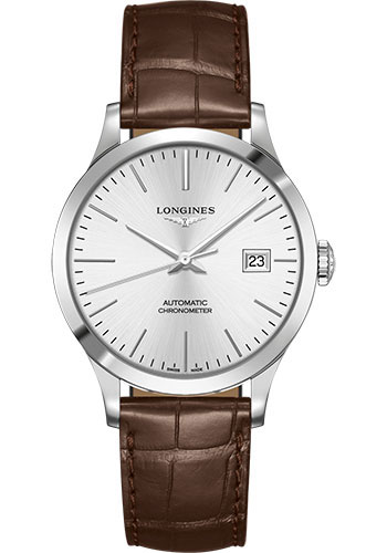Longines Record collection Watch - 38.5 mm Steel Case - Silver Dial - Brown Alligator Strap
