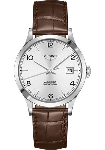 Longines Record collection Watch - 38.5 mm Steel Case - Silver Arabic Dial - Brown Alligator Strap
