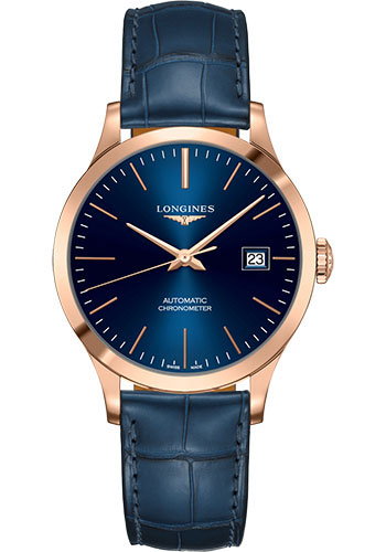 Longines Record collection Watch - 38.5 mm 18K Pink Gold Case - Blue Dial - Blue Alligator Strap