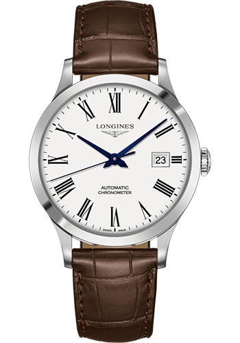 Longines Record collection Watch - 40 mm Steel Case - White Roman Dial - Brown Alligator Strap