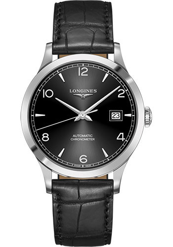 Longines Record collection Watch - 40 mm Steel Case - Black Arabic Dial - Black Alligator Strap