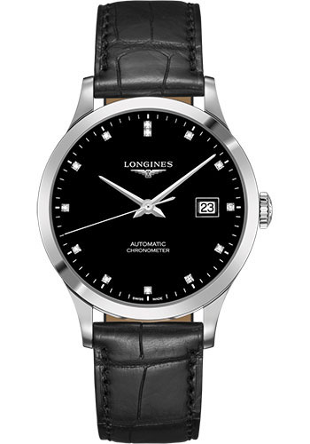 Longines Record collection Watch - 40 mm Steel Case - Black Diamond Dial - Black Alligator Strap