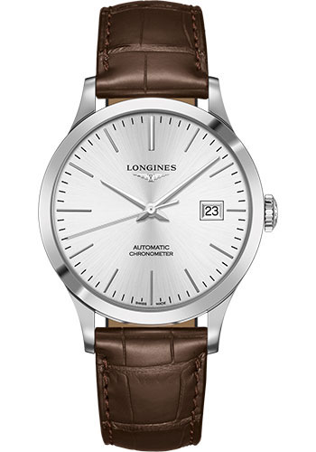 Longines Record collection Watch - 40 mm Steel Case - Silver Dial - Brown Alligator Strap