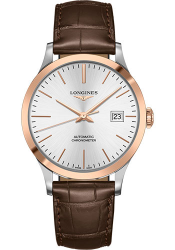 Longines Record collection Watch - 40 mm Steel And 18K Pink Gold Cap 200 Case - Silver Dial - Brown Alligator Strap