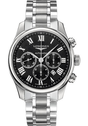 Longines Master Collection Chronograph Small Seconds Watch - 44 mm Steel Case - Black Barleycorn Roman Dial - Bracelet