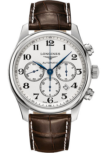 Longines Master Collection Chronograph Small Seconds Watch - 44 mm Steel Case - Silver Barleycorn Arabic Dial - Brown Alligator Strap