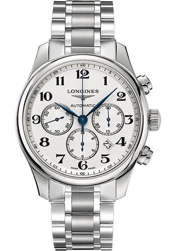 Longines Master Collection Chronograph Small Seconds Watch - 44 mm Steel Case - Silver Barleycorn Arabic Dial - Bracelet