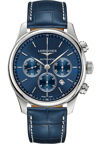 Longines Master Collection Chronograph Small Seconds Watch - 44 mm Steel Case - Blue Dial - Blue Alligator Strap