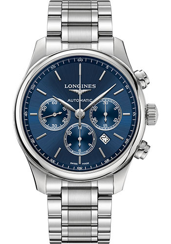 Longines Master Collection Chronograph Small Seconds Watch - 44 mm Steel Case - Blue Dial - Bracelet