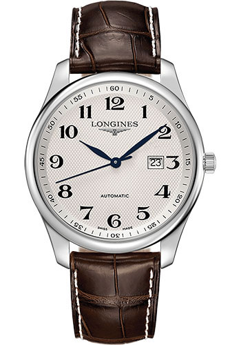 Longines Master Collection Watch - 42 mm Steel Case - Silver Barleycorn Arabic Dial - Brown Alligator Strap