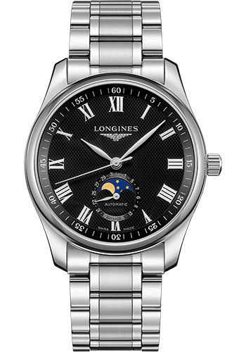 Longines Master Collection Moon Phase Watch - 40 mm Steel Case - Black Barleycorn Roman Dial - Bracelet