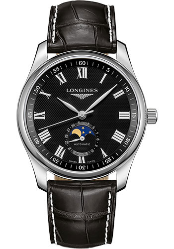 Longines Master Collection Moon Phase Watch - 40 mm Steel Case - Black Barleycorn Roman Dial - Black Alligator Strap