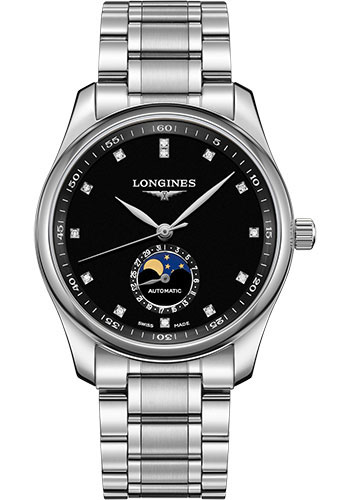 Longines Master Collection Moon Phase Watch - 40 mm Steel Case - Black Diamond Dial - Bracelet
