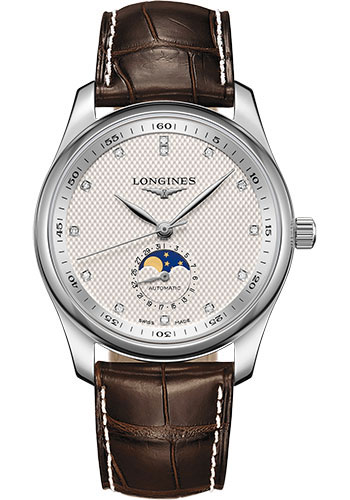 Longines Master Collection Moon Phase Watch - 40 mm Steel Case - Silver Barleycorn Diamond Dial - Brown Alligator Strap