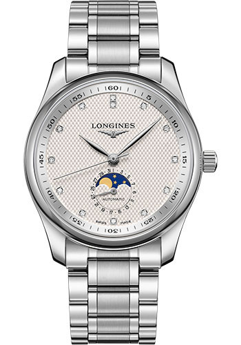 Longines Master Collection Moon Phase Watch - 40 mm Steel Case - Silver Barleycorn Diamond Dial - Bracelet