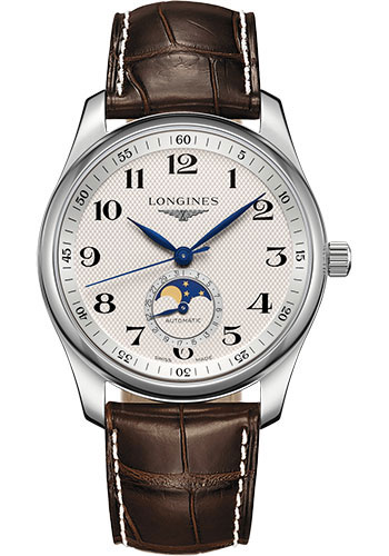 Longines Master Collection Moon Phase Watch - 40 mm Steel Case - Silver Barleycorn Arabic Dial - Brown Alligator Strap