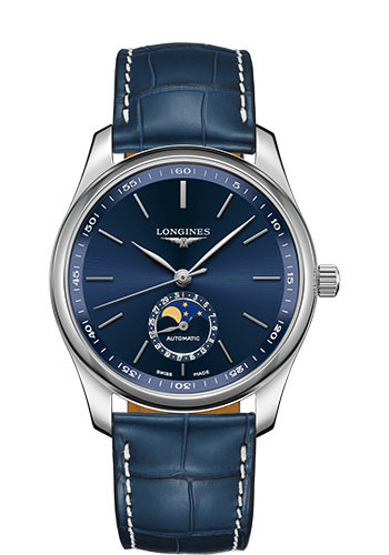 Longines Master Collection Moon Phase Watch - 40 mm Steel Case - Blue Dial - Blue Alligator Strap