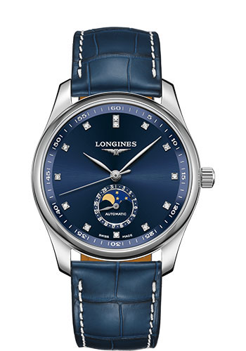 Longines Master Collection Moon Phase Watch - 40 mm Steel Case - Blue Diamond Dial - Blue Alligator Strap