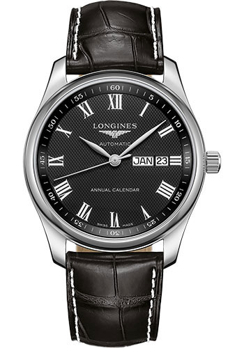Longines Master Collection Annual Calendar Watch - 40 mm Steel Case - Black Barleycorn Roman Dial - Black Alligator Strap