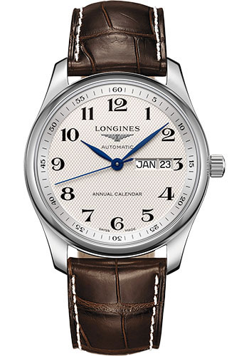 Longines Master Collection Annual Calendar Watch - 40 mm Steel Case - Silver Barleycorn Arabic Dial - Brown Alligator Strap