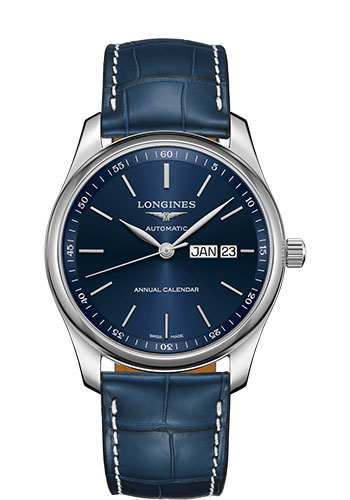 Longines Master Collection Annual Calendar Watch - 40 mm Steel Case - Blue Dial - Blue Alligator Strap