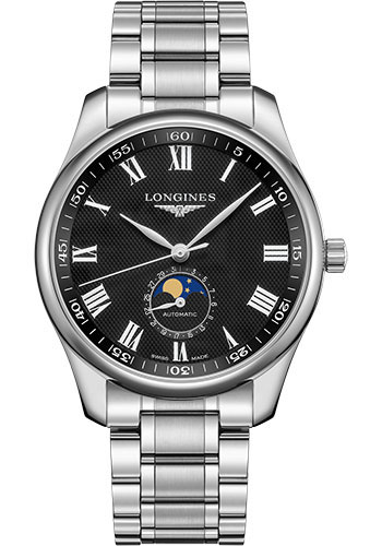 Longines Master Collection Moon Phase Watch - 42 mm Steel Case - Black Barleycorn Roman Dial - Bracelet