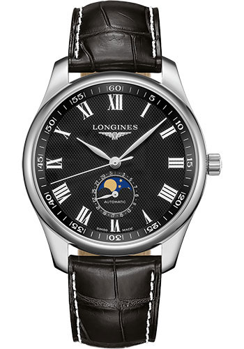 Longines Master Collection Moon Phase Watch - 42 mm Steel Case - Black Barleycorn Roman Dial - Black Alligator Strap