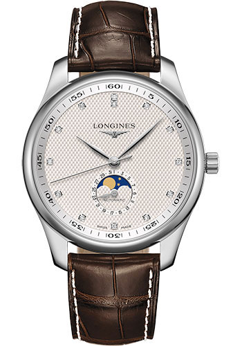 Longines Master Collection Moon Phase Watch - 42 mm Steel Case - Silver Barleycorn Diamond Dial - Brown Alligator Strap