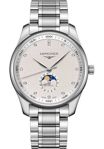 Longines Master Collection Moon Phase Watch - 42 mm Steel Case - Silver Barleycorn Diamond Dial - Bracelet