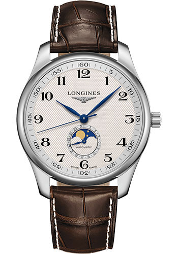 Longines Master Collection Moon Phase Watch - 42 mm Steel Case - Silver Barleycorn Arabic Dial - Brown Alligator Strap