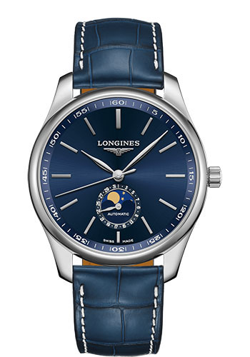 Longines Master Collection Moon Phase Watch - 42 mm Steel Case - Blue Dial - Blue Alligator Strap