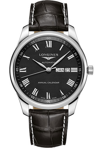 Longines Master Collection Annual Calendar Watch - 42 mm Steel Case - Black Barleycorn Roman Dial - Black Alligator Strap