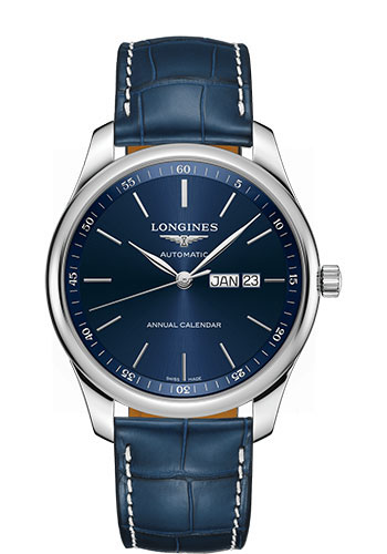 Longines Master Collection Annual Calendar Watch - 42 mm Steel Case - Blue Dial - Blue Alligator Strap