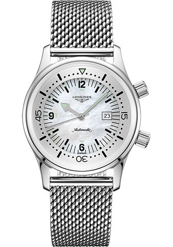 Longines Legend Diver Watch Watch - 36 mm Steel Case - White Mother-Of-Pearl Arabic Dial - Bracelet