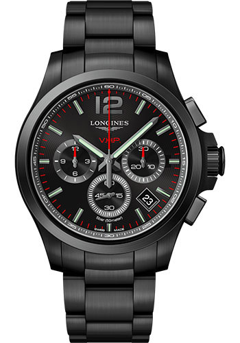Longines Conquest V.H.P. Watch - 42 mm Black PVD Case - Black Carved Arabic Dial - Bracelet