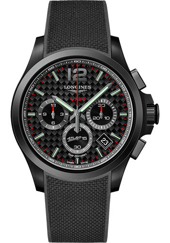 Longines Conquest V.H.P. Watch - 42 mm Black PVD Case - Black Carbon Arabic Dial - Rubber Strap